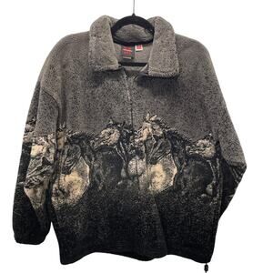 Vintage Mazmania Fleece Full Zip Horses Black Gray M USA 90s